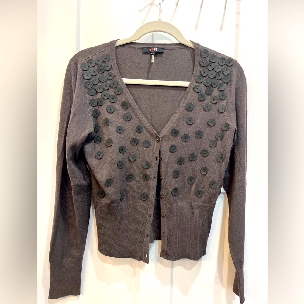 Yest Button Cardigan Sweater Dark‎ Olive Felt Decorative Circles Women’s Size 6